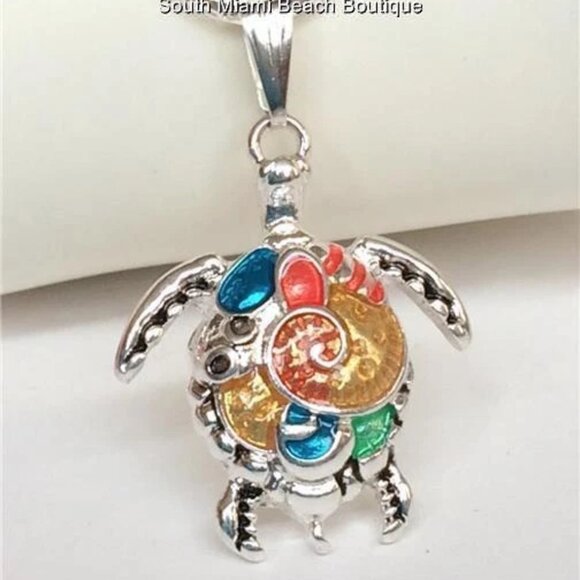 Silver Sea Turtle Necklace 18" Multicolor Colorful Enamel Nautical Island Beach - Picture 4 of 10